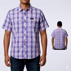 Cavi Shirt Men 2XL Purple Plaid Short Sleeve Epaulets Button Up Utility Casual